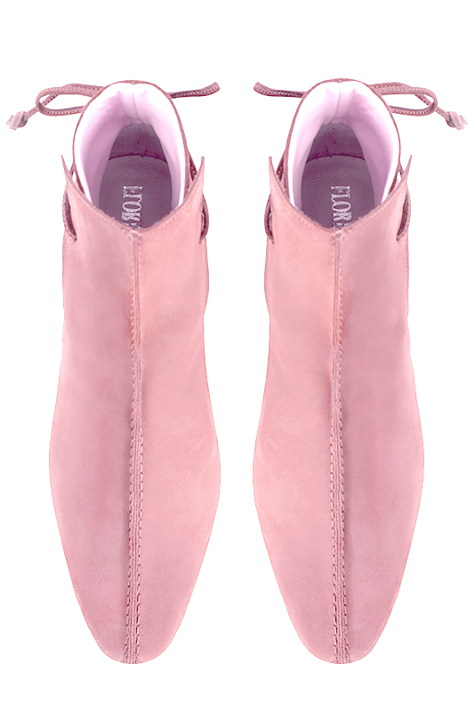 Carnation pink women's ankle boots with laces at the back. Round toe. Low block heels. Top view - Florence KOOIJMAN